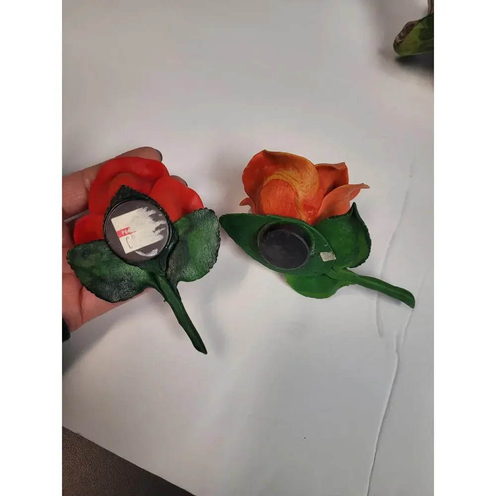 Red Ceramic Rose Figurine Handpainted & Two Resin Rose Magnets Decor